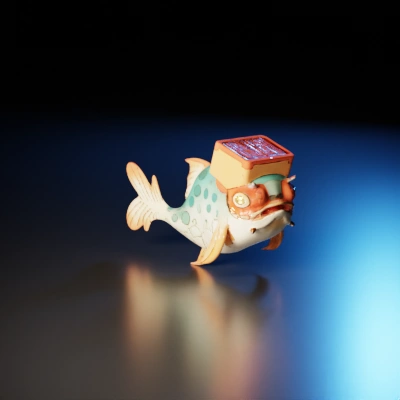 Fish-like creature with a square object on head.