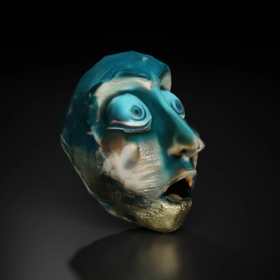 Distorted humanoid face, wide eyes, gaping mouth.
