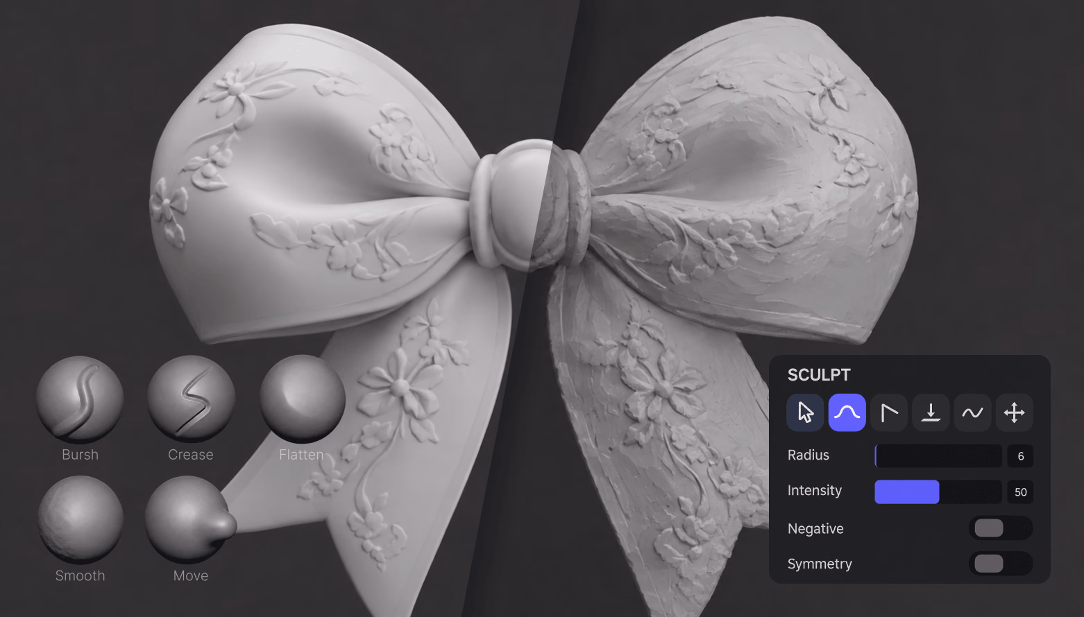 OmniCraft Mesh Editor showing a sculpted bow in clay-style matcap shading with modeling controls
