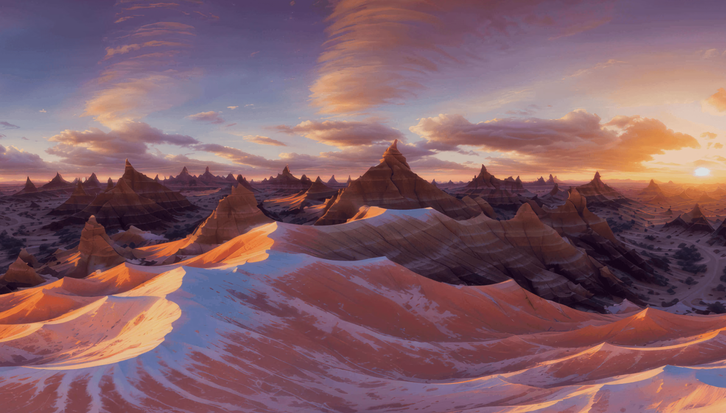 Stylized panoramic desert environment at sunset generated as an HDRI for 3D work