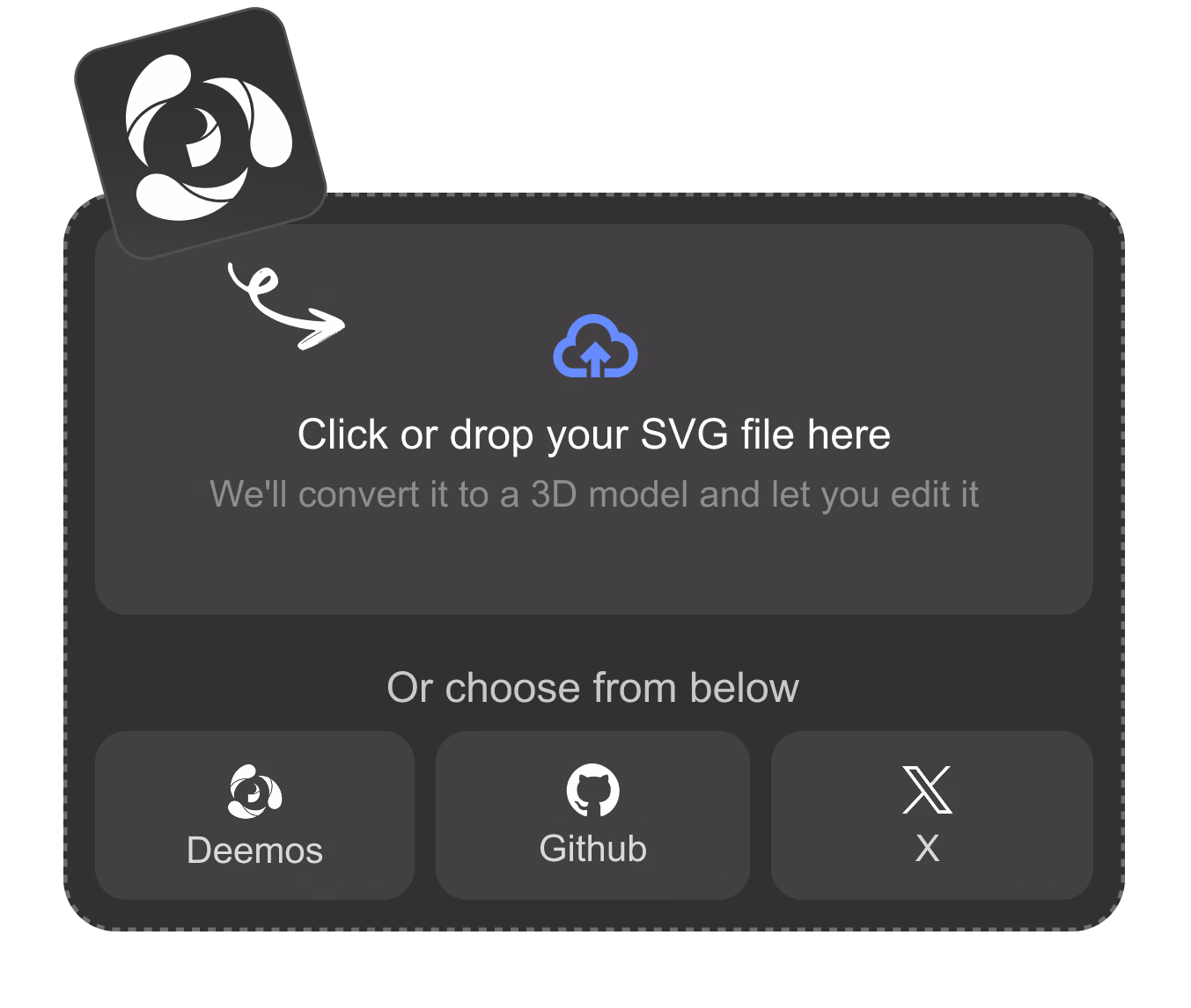 Upload an SVG or choose a sample icon to convert to 3D