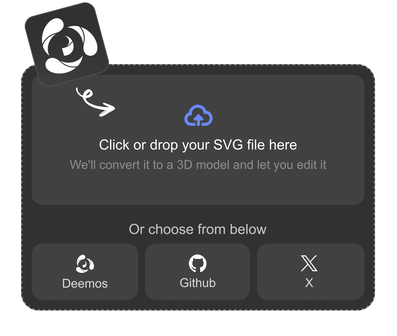Upload an SVG or choose a sample icon to convert to 3D