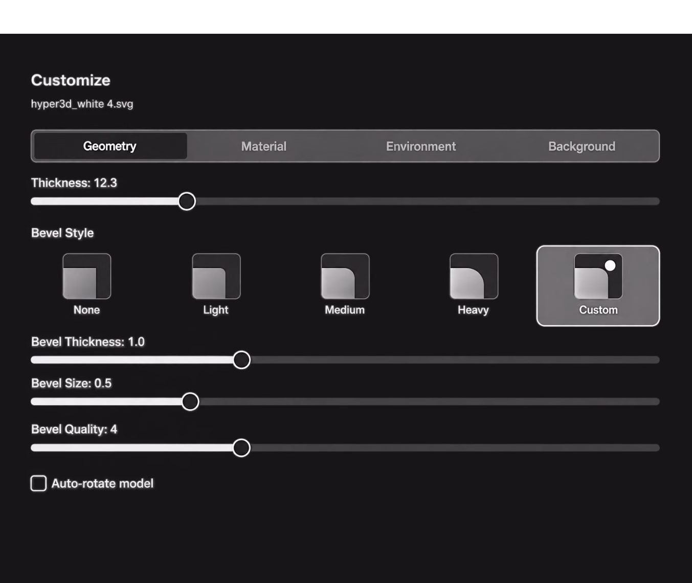 Customize the thickness, bevel, material, and lighting of a 3D SVG model