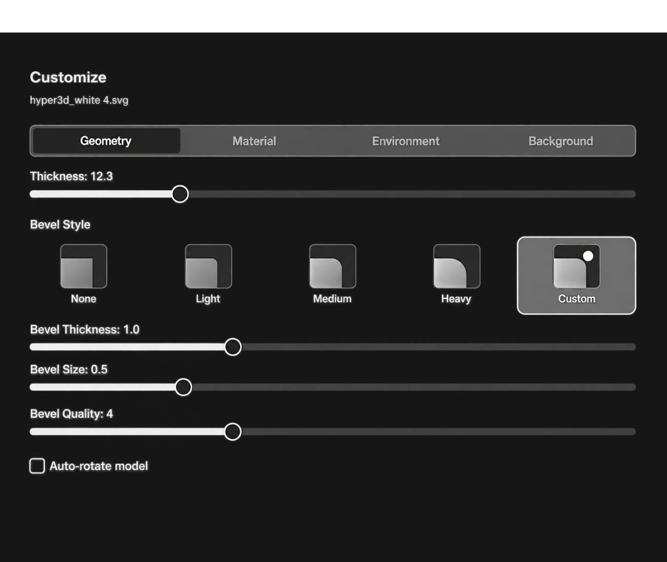 Customize the thickness, bevel, material, and lighting of a 3D SVG model