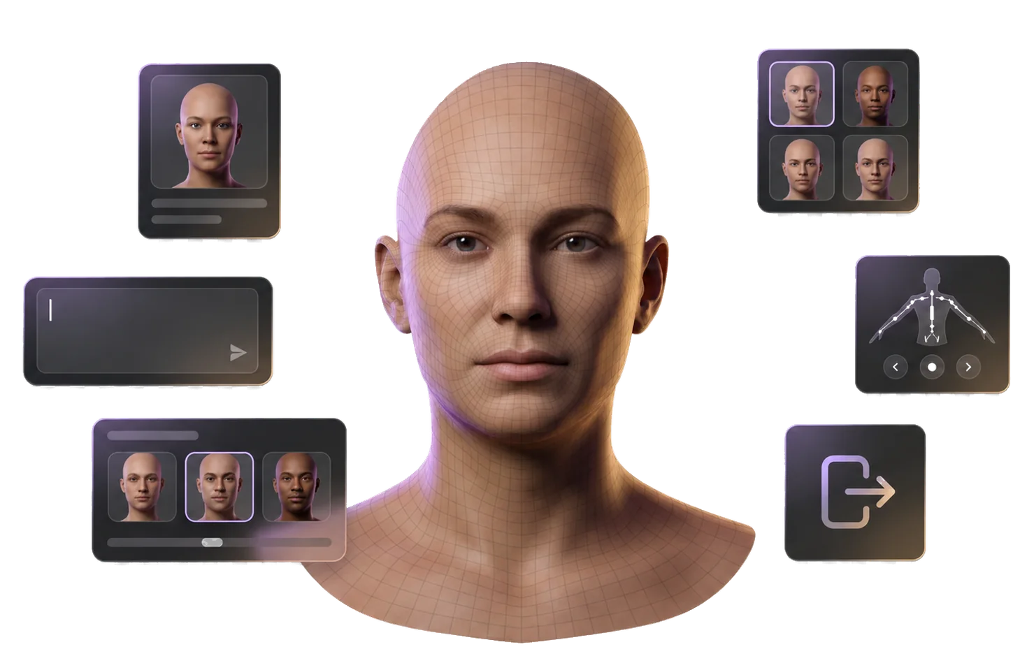 Transparent ChatAvatar 3D avatar generator interface with prompt, variation, rig, and export panels