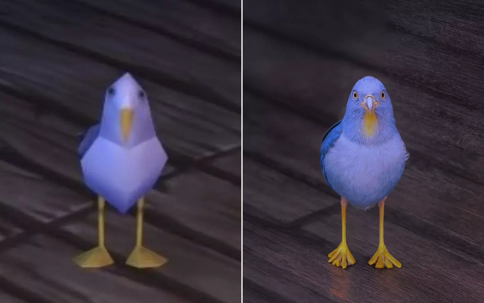 Blurry low-resolution bird photo beside its AI-enhanced version with feather-level detail