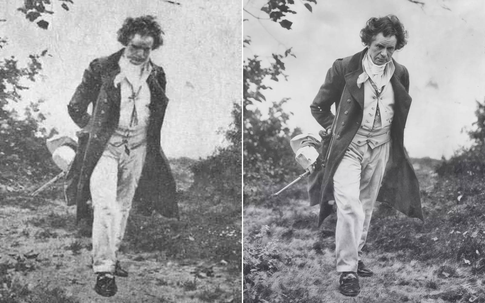 Grainy vintage portrait next to its restored, sharpened version in a before/after split