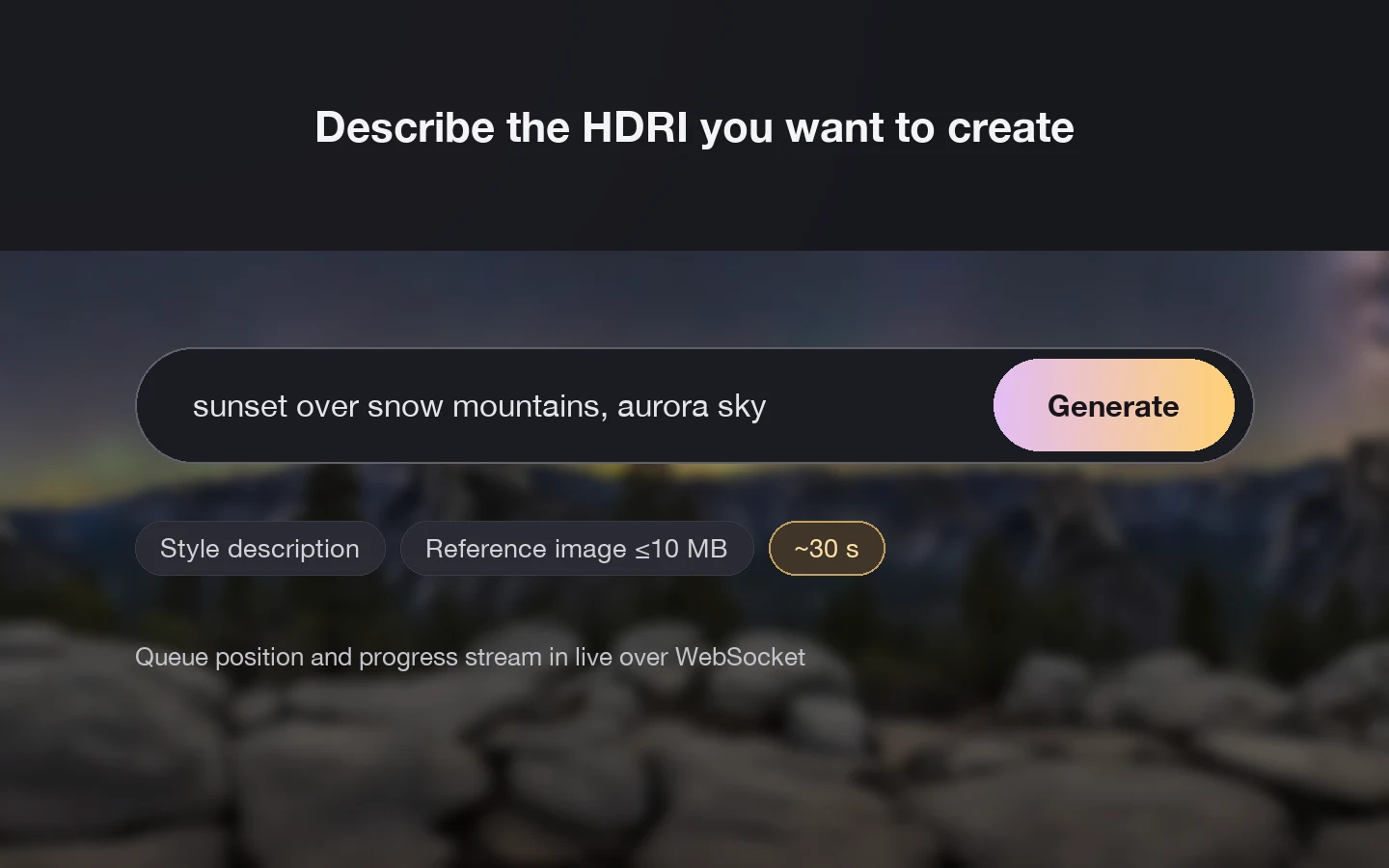HDRI prompt bar with style and reference-image options and a Generate button