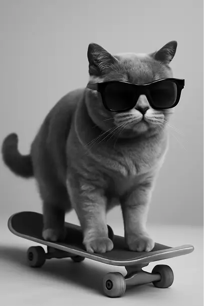 Put this @sunglasses on the @British Blues's face.The cat is standing on the @skateboard.