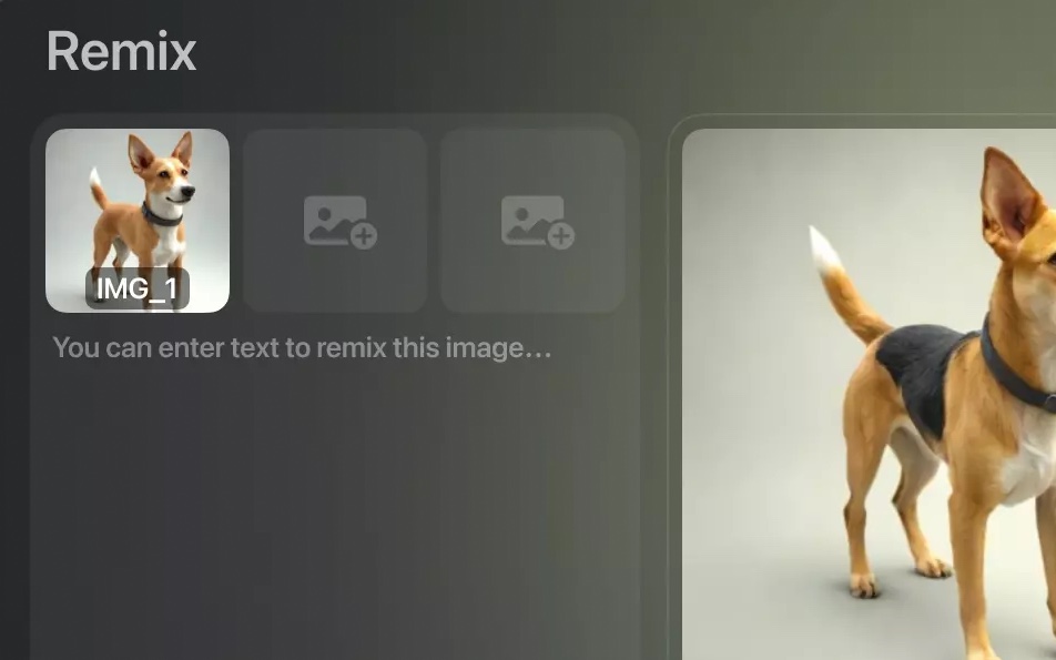 Remix upload panel with a named IMG_1 reference slot and two empty add-image slots