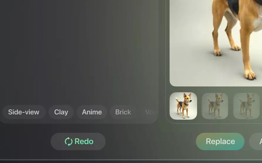 Generated 3D model draft with variant thumbnails and redo controls in the Hyper3D workspace
