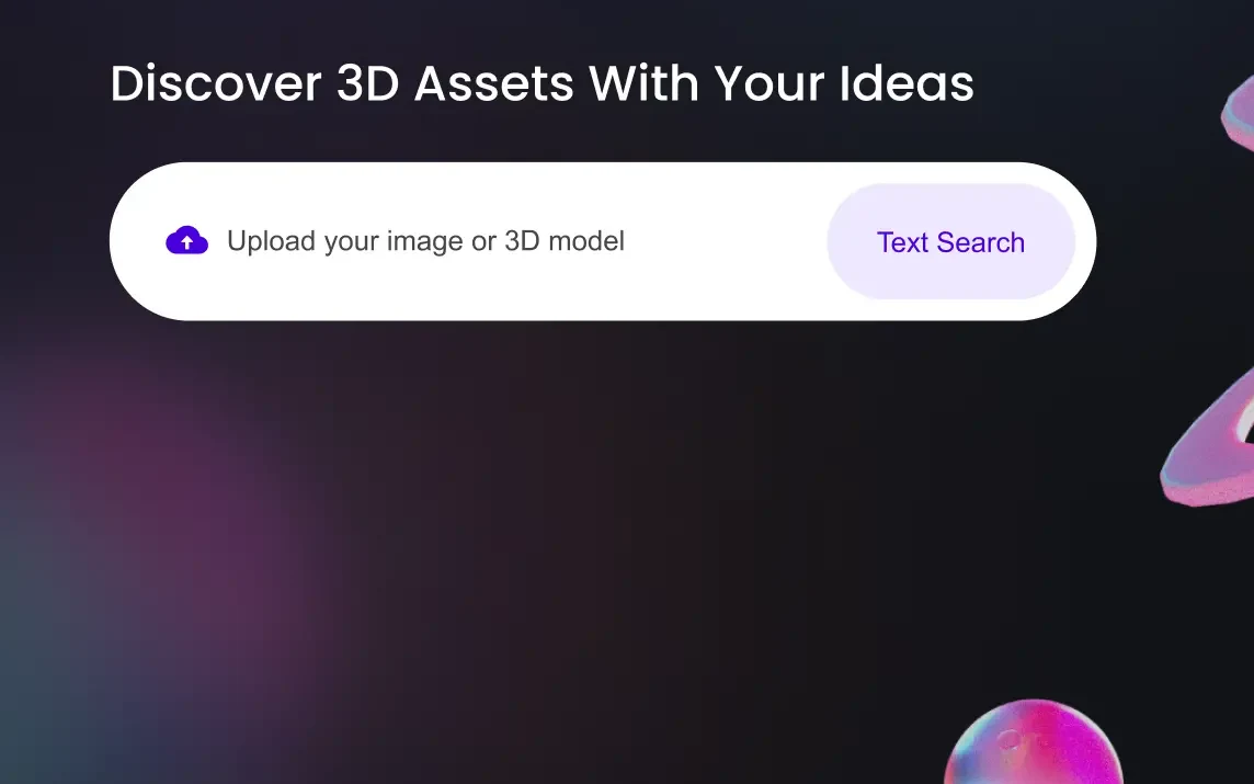 Rodin Search bar with the tagline 'Discover 3D Assets With Your Ideas', an upload field for images or 3D models, and a Text Search button