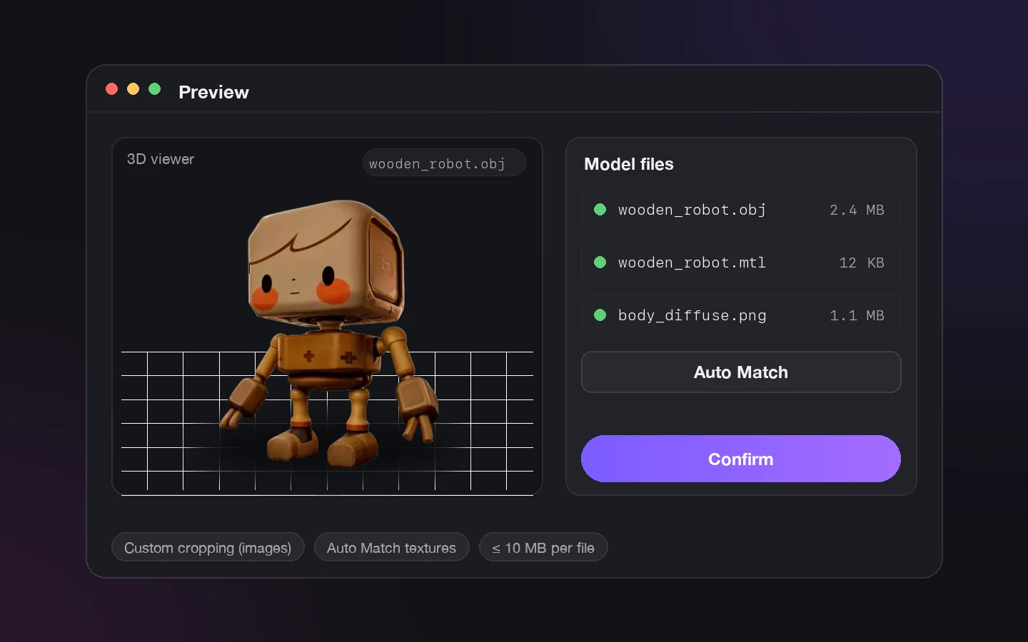 Preview dialog with a wooden toy robot in a 3D viewer, matched .obj, .mtl, and texture files, an Auto Match button, and a Confirm button
