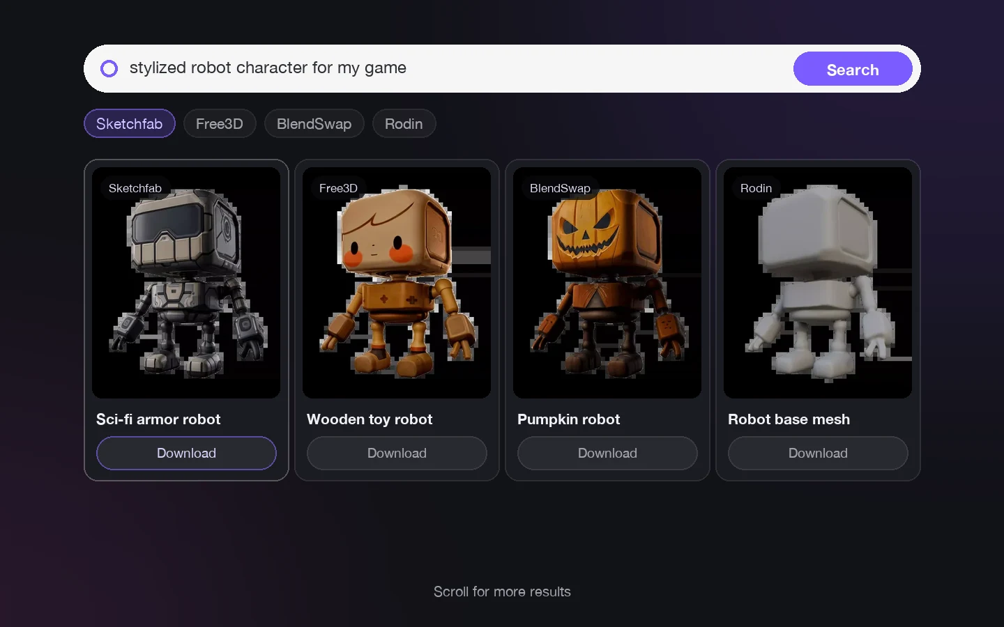 Search results for 'stylized robot character for my game' shown as four model cards with library badges and Download buttons