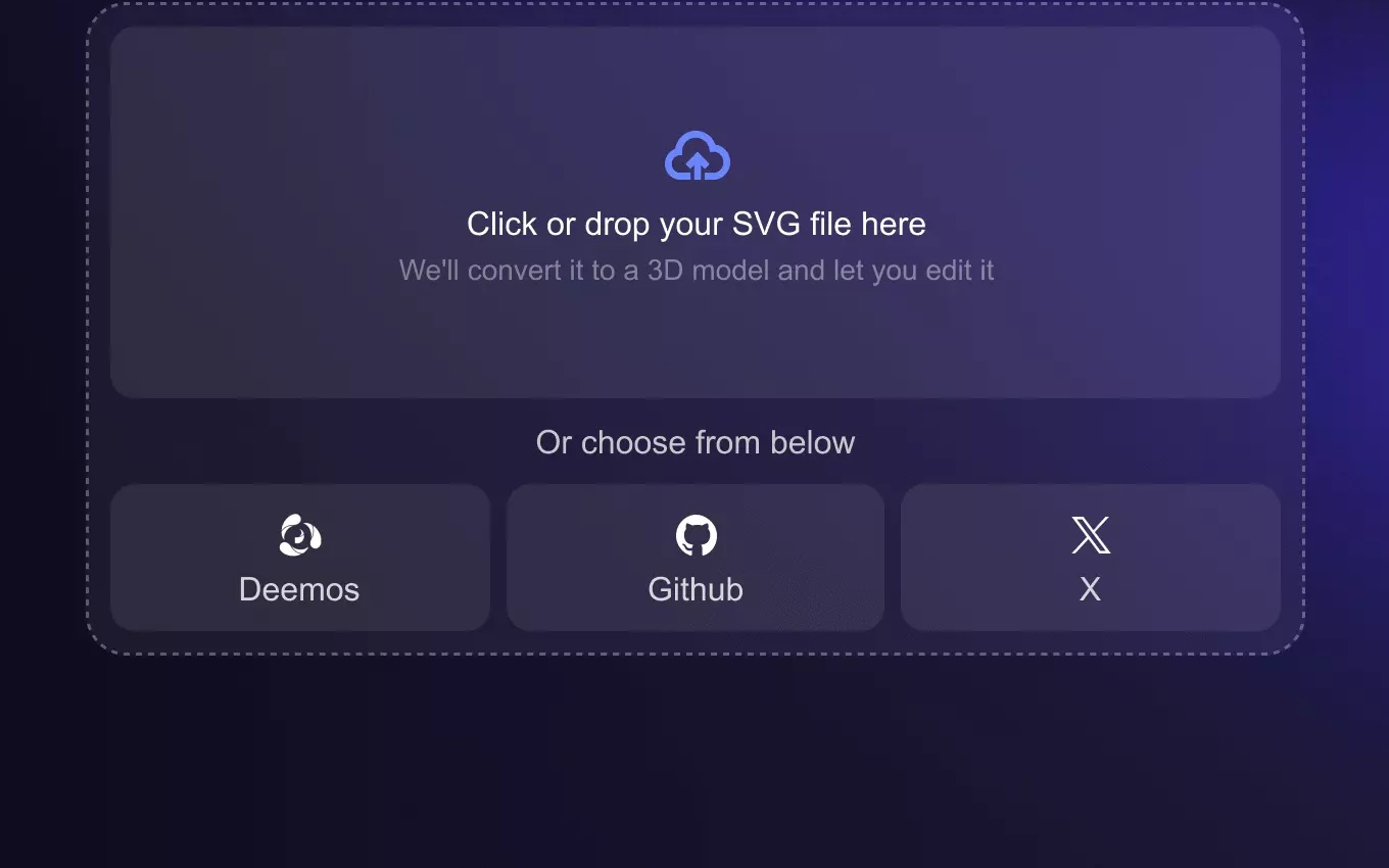 Vecto3d upload screen with a dashed dropzone reading 'Click or drop your SVG file here' and built-in sample icons