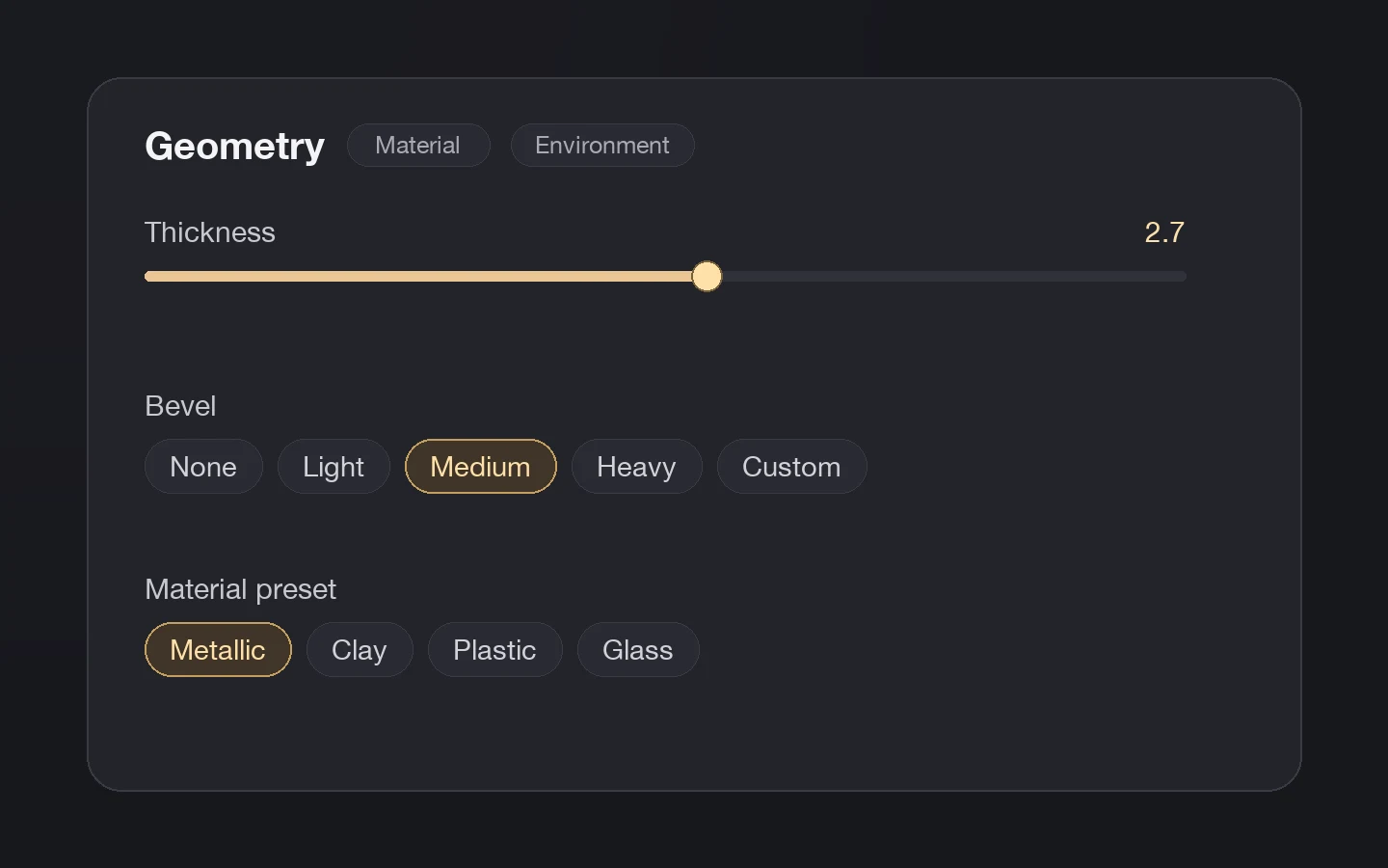 Vecto3d geometry controls: thickness slider, bevel presets, and material presets