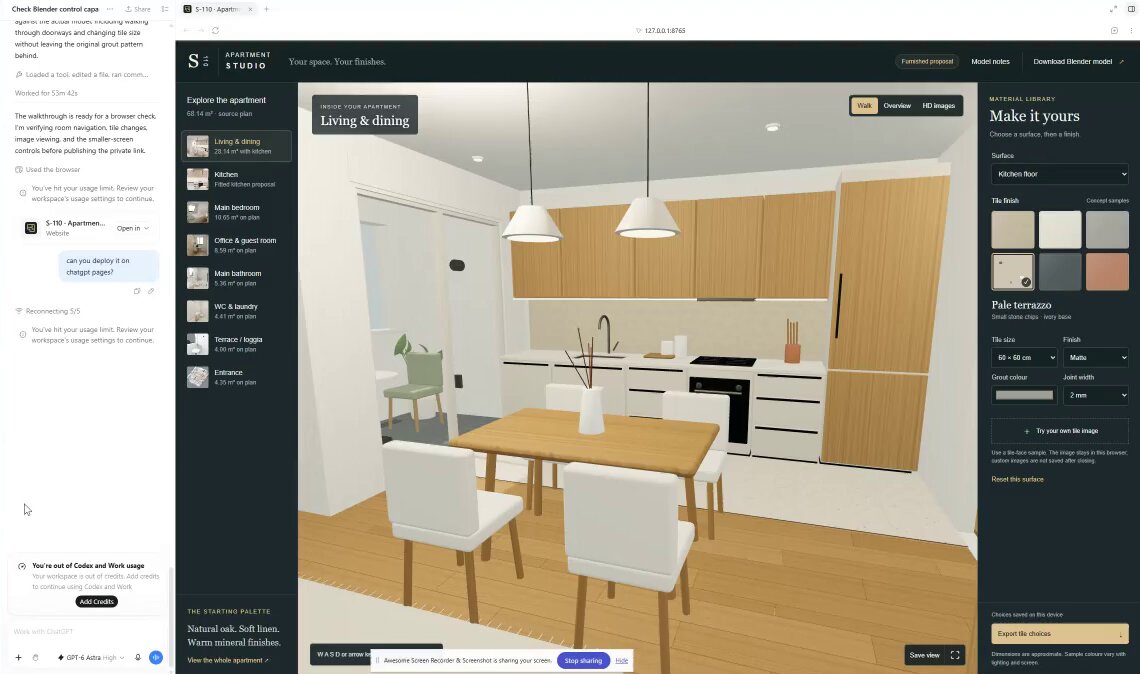 Interactive apartment walkthrough with tile options