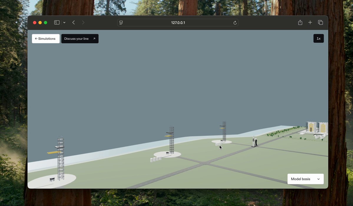Live 3D factory launch-pad simulation